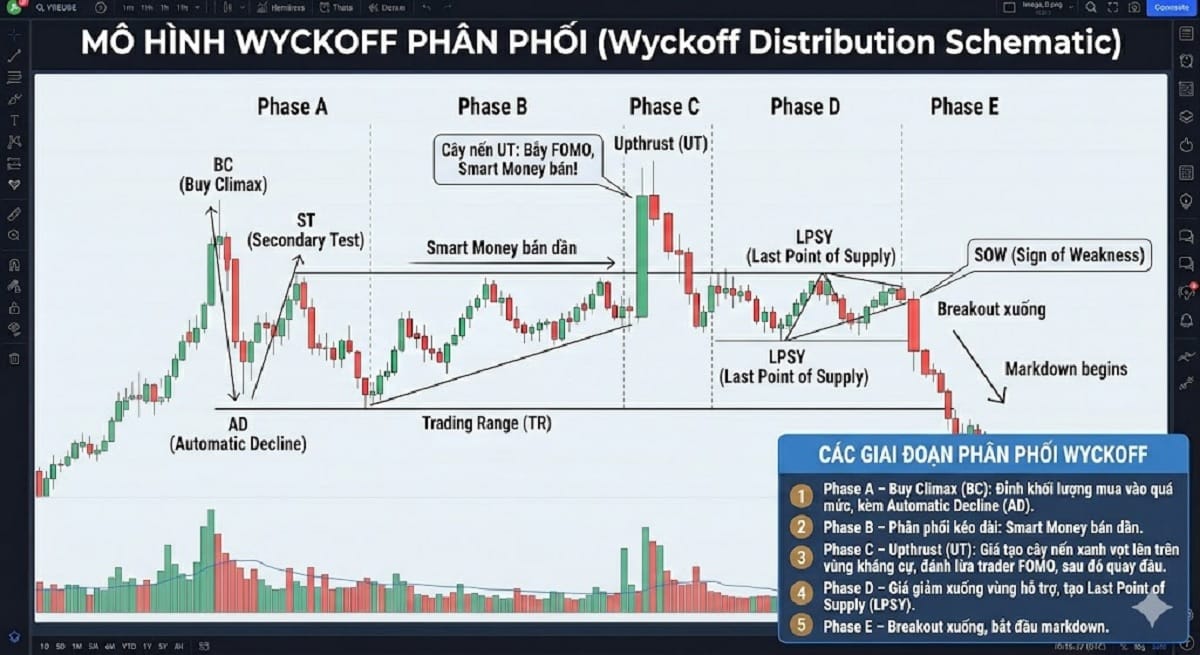 Phương pháp Wyckoff – Bí quyết giao dịch crypto theo chân “Smart Money” 5 Mô hình Wyckoff phân phối