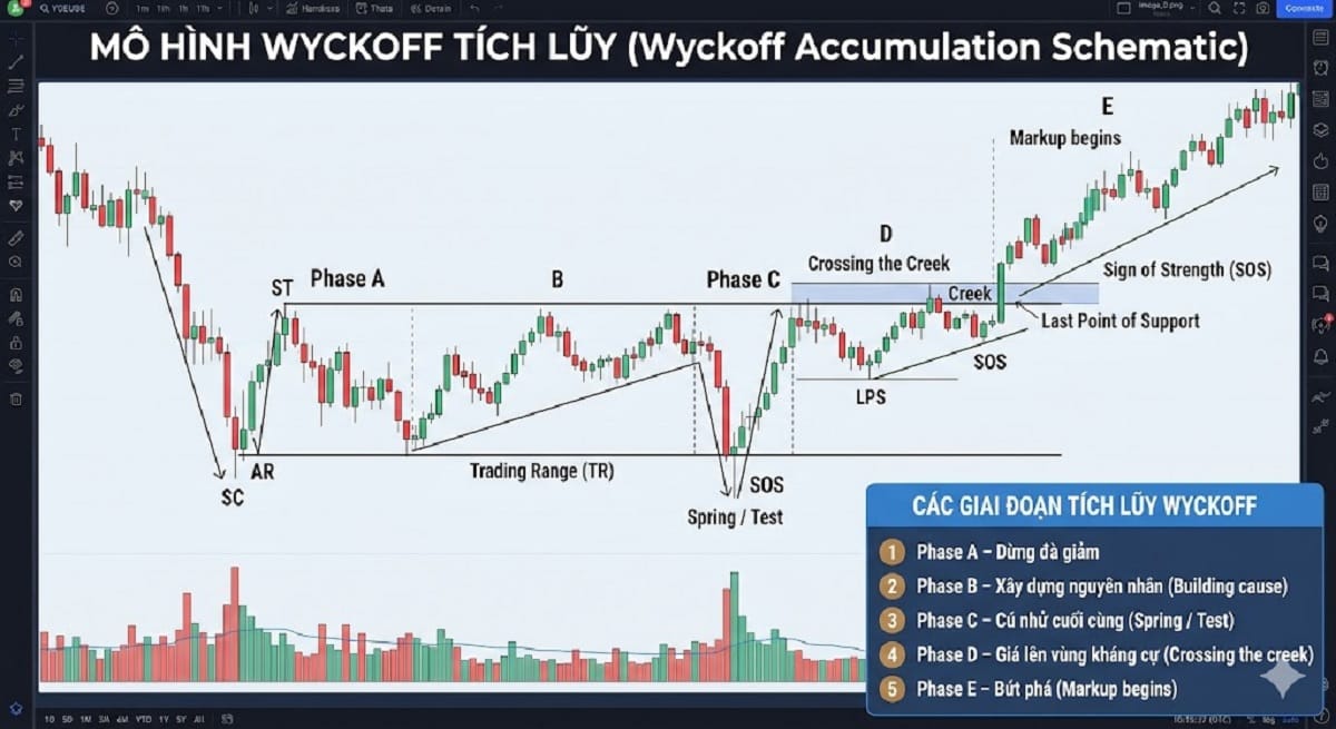 Phương pháp Wyckoff – Bí quyết giao dịch crypto theo chân “Smart Money” 4 Mô hình Wyckoff tích lũy