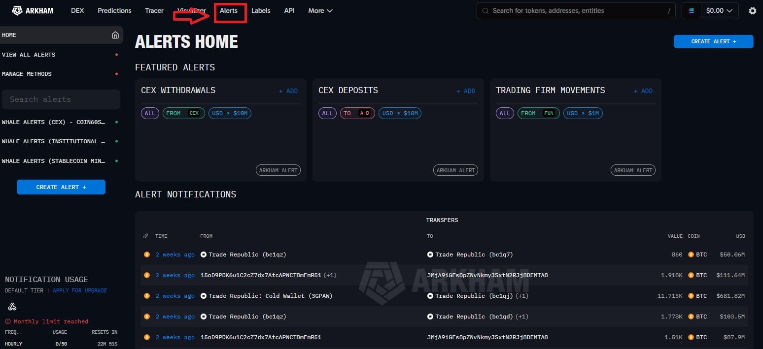 Hướng Dẫn Sử Dụng Arkham: Làm Chủ Nền Tảng Phân Tích Blockchain & Theo Dõi Ví Thông Minh 6 Chuyên mục Alerts