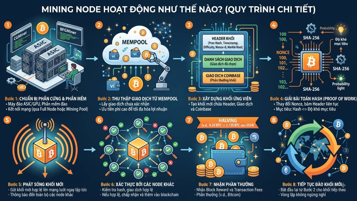 Mining Node là gì? Node đào trong Blockchain hoạt động thế nào? 3 Quy trình hoạt động của Mining Node