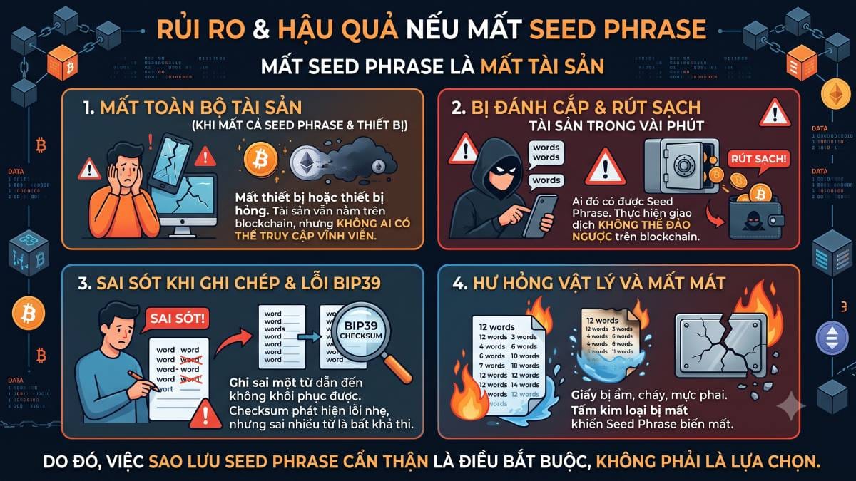 Rủi ro và hậu quả nếu mất Seed Phrase