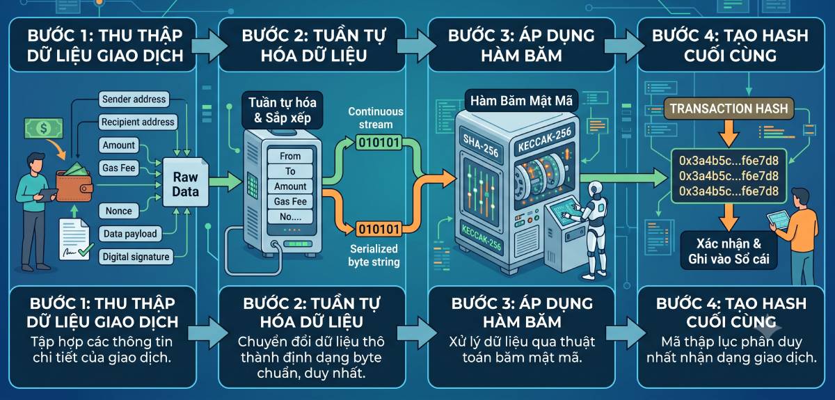 Transaction Hash là gì? TXID và Transaction Hash khác nhau như thế nào? 3 Quy trình tạo Transaction Hash